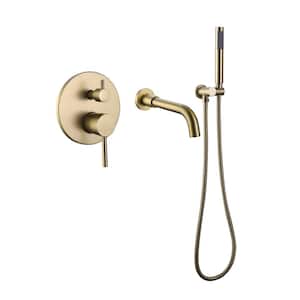 Double-Handle Wall-Mount Roman Tub Faucet with Handheld Shower Brass Tub Filler in Brushed Gold