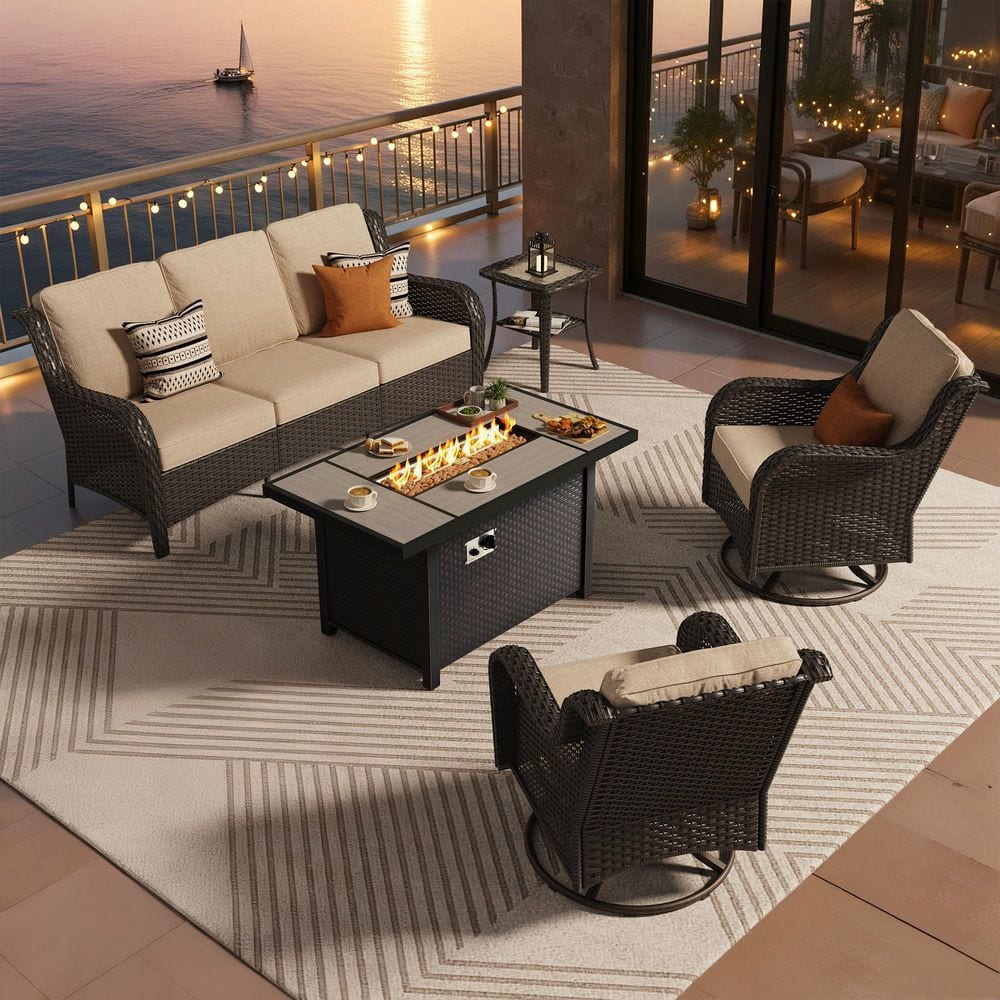 Crafted 5 Pieces Wicker Outdoor Patio Rectangular Fire Pit Set and Swivel Rocking Chairs with Beige Cushions price history on PriceWatchPro