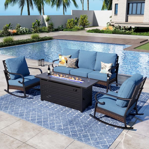 PHI VILLA 4-Piece Black Metal Outdoor Patio Conversation Set with Rocking Chair, 50000 BTU Fire Pit Table and Denim Blue Cushions