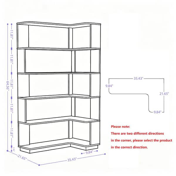 Saniya 64.56 in. Tall Dark Brown Wood 5-Tier Freestanding L-Shaped Corner Bookcase For Living Room