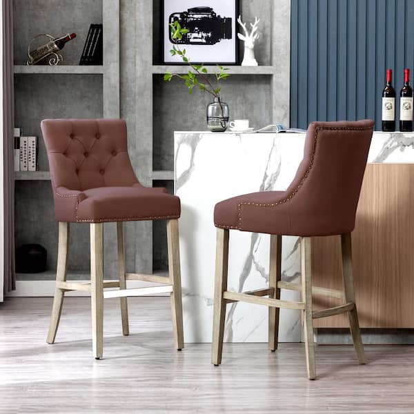 Wren 29 in. Antique Gray Full Back Wood Frame Cushioned Bar Stool with Brown Linen Fabric Seat (Set of 2)