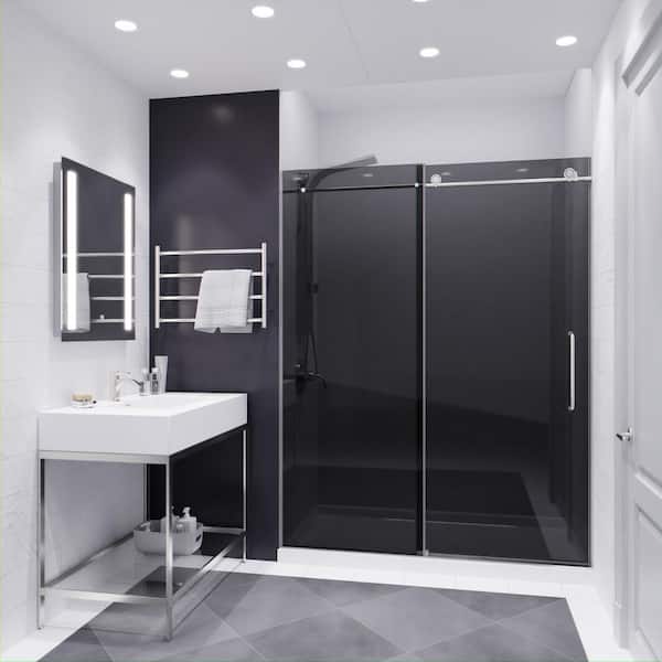 Leon Series 60 in. x 76 in. H Sliding Frameless Shower Door in Brushed Nickel with Tsunami Guard Tempered Glass