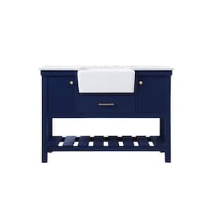 Timeless Home 48 in. W x 22 in. D x 34.13 in. H Single Bathroom Vanity Side Cabinet in Blue with White Marble Top