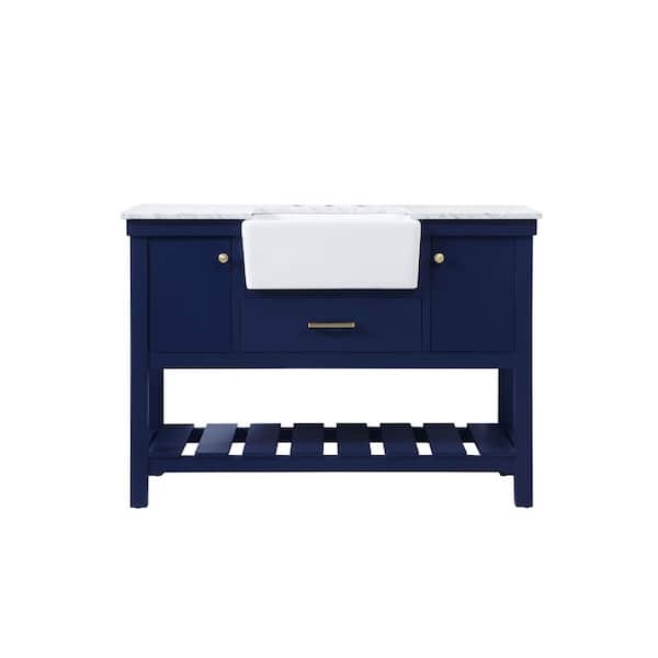Unbranded Timeless Home 48 in. W x 22 in. D x 34.13 in. H Single Bathroom Vanity Side Cabinet in Blue with White Marble Top