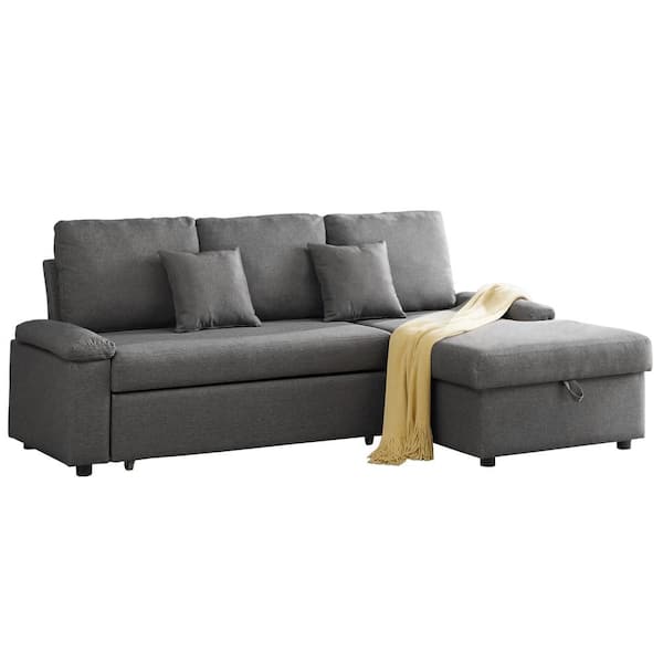 GOOD & GRACIOUS 86.61 in. Dark Gray Polyester 4-Seats Sectional Sleeper Sofa with Storage Chaise