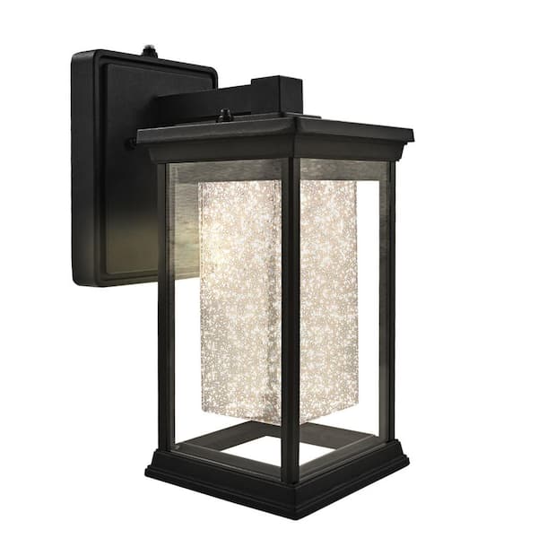 LUXRITE 11.8 in. Black Dusk to Dawn LED Wall Lantern Sconce 3CCT 3000K-5000K 12-Watt Seeded Bubble Glass Indoor/Outdoor ETL IP54