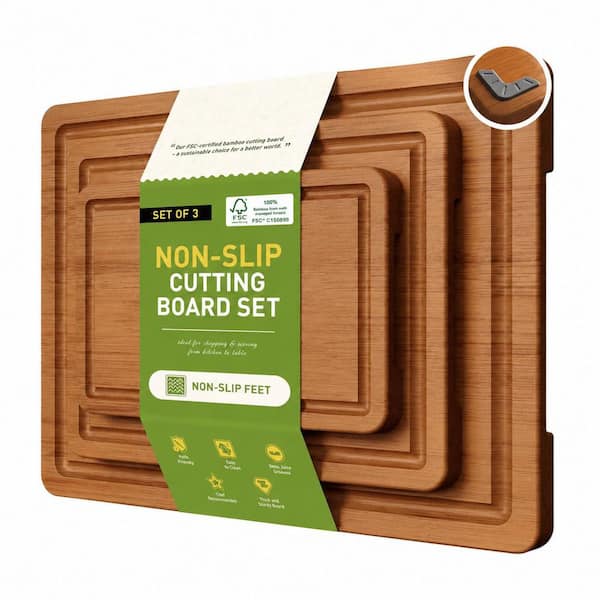 3-Pack Natural Bamboo Cutting Board Set with Non-Slip Feet Wood Kitchen Chopping Board with Juice Grooves
