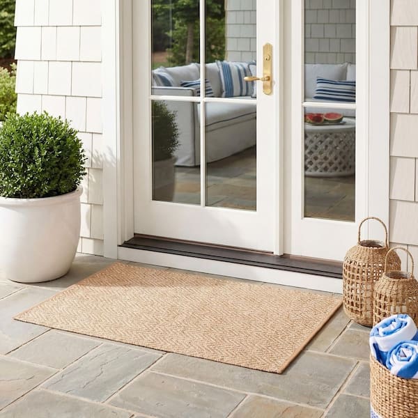 Courtyard Natural/Cream Doormat 2 ft. x 4 ft. Geometric Indoor/Outdoor Patio Area Rug