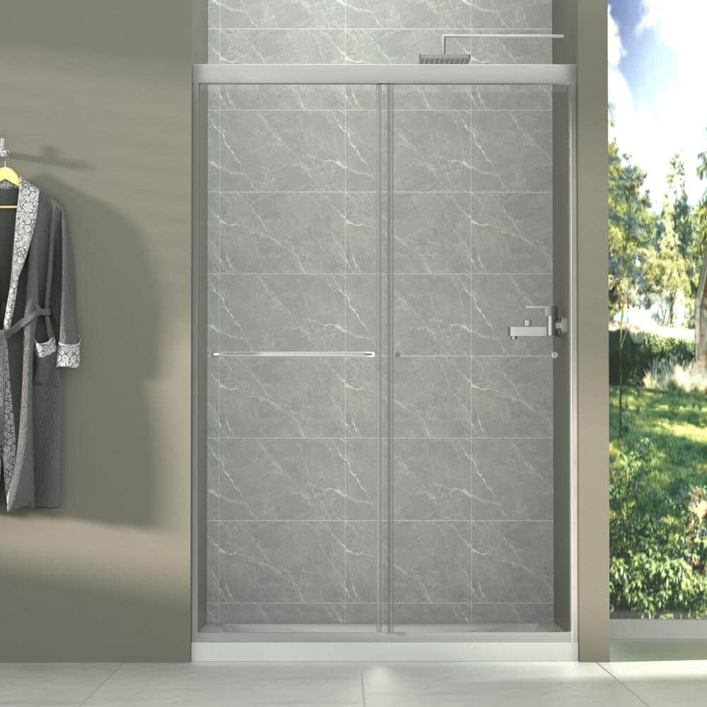 48" Brushed Nickel Framed Sliding Shower Door with Clear Glass