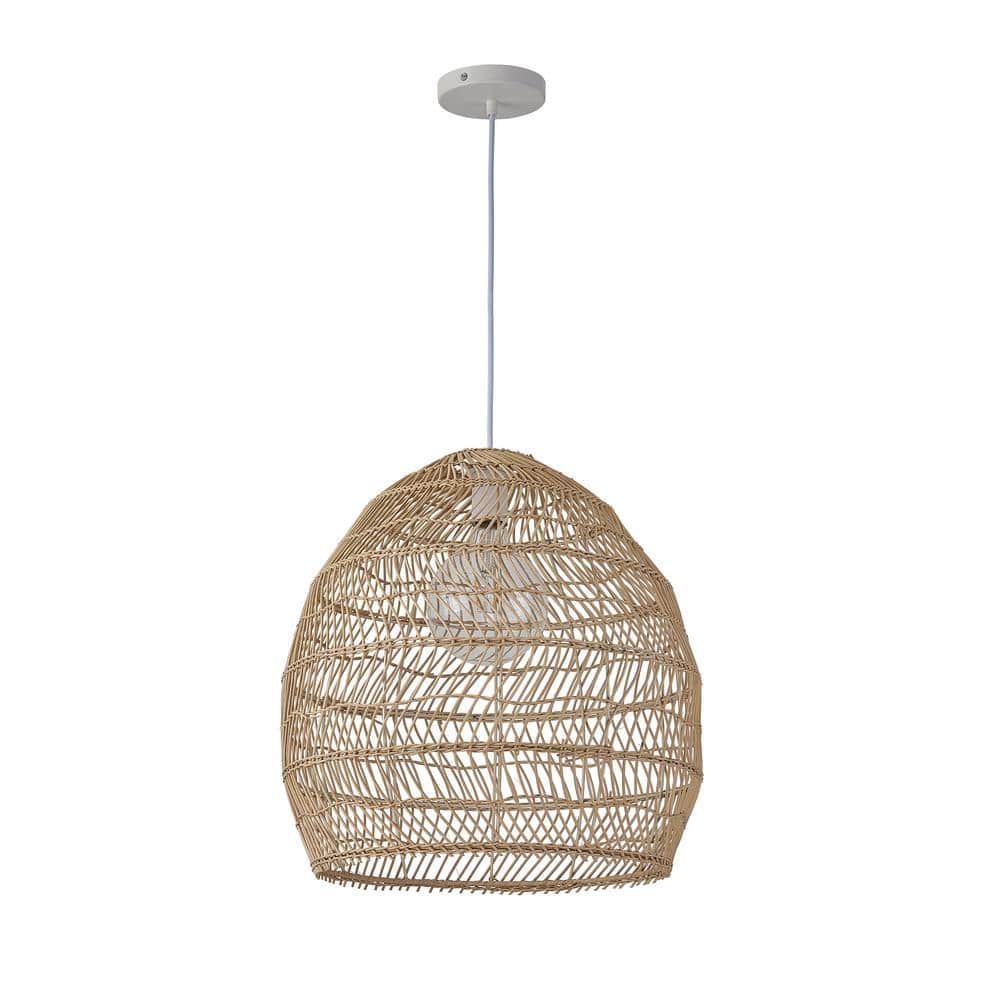 1-Light White and Natural Brown Woven Basket Chandelier with No Bulb Includ