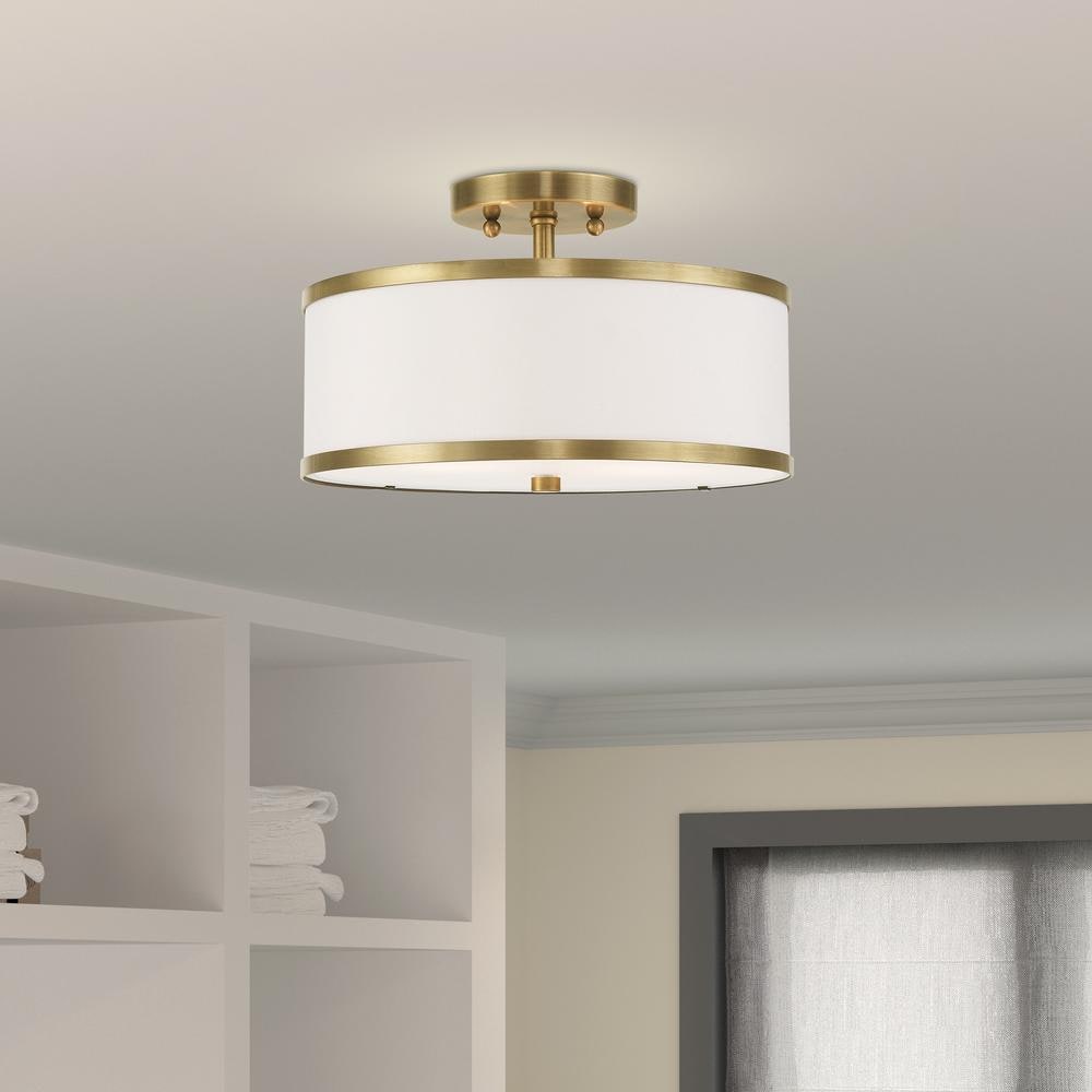 Antique Brass and Off-White Fabric Semi-Flush Mount Light
