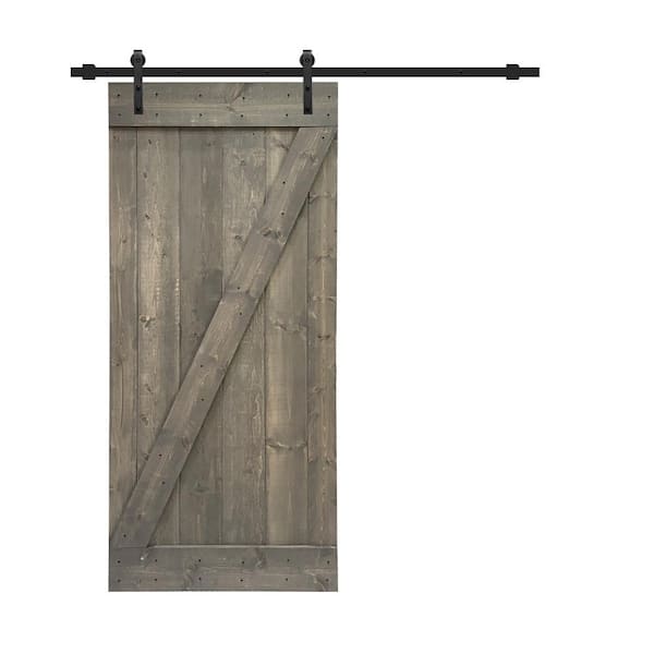 CALHOME 30 in. x 84 in. Z Bar Weather Gray Stained Solid Knotty Pine Wood Interior Sliding Barn Door with Sliding Hardware Kit