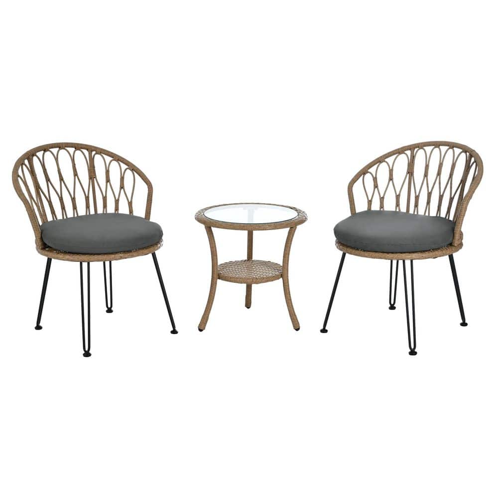 3 Piece Wicker Round Outdoor Bistro Set with Gray Cushions, Patio Leisure S