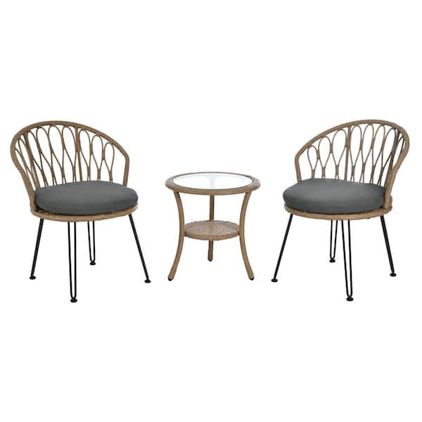 Unbranded 3 Piece Wicker Round Outdoor Bistro Set with Gray Cushions, Patio Leisure Set for Balconies Courtyards