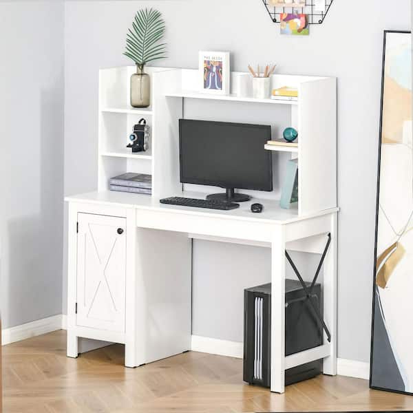 White desk with wooden top and desk cabinet