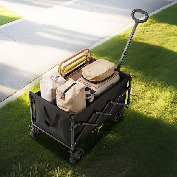 1.96 cu ft., Steel, Collapsible Wagon Garden Carts, All-Terrain Wheels, Heavy Duty Outdoor Utility Cart, Black