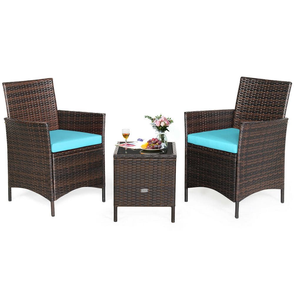 3-Piece Wicker Patio Conversation Set with Turquoise Cushions