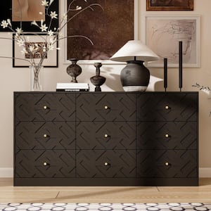 ブラウン・ブラックの木製チェスト FUFU&GAGA Black Mirror Finished Wooden 9-Drawer 55.1 in. W