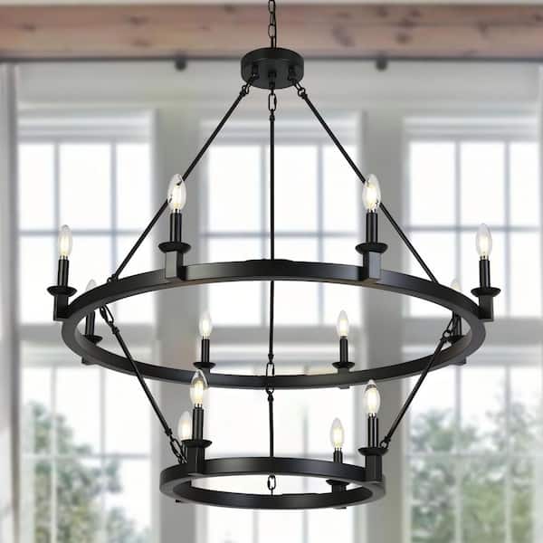 LNC Large 39.4-inch 12-Light Black Candlestick Chandelier 2-Tier Wagon Wheel Ceiling Light Fixture for Living Room Decor