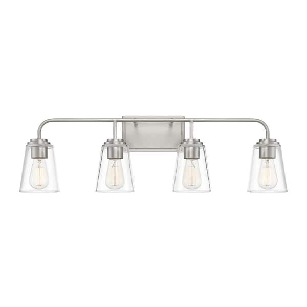 TUXEDO PARK LIGHTING 32 in. W x 9.75 in. H 4-Light Brushed Nickel Bathroom Vanity Light with Clear Glass Shades