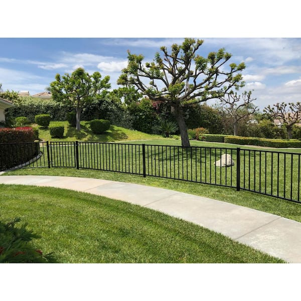 2.67 ft. x 64 ft. Black Ornamental Space Bar Flat Metal Fence Panel Kit (8 panels,Posts,brackets,Gate) InGround Install