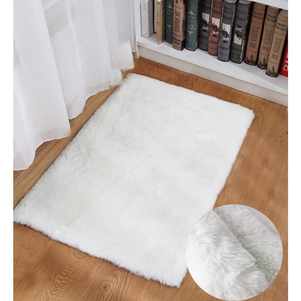 Mmlior White 2 ft. x 3 ft. Soft Faux Rabbit Fur Area Rug