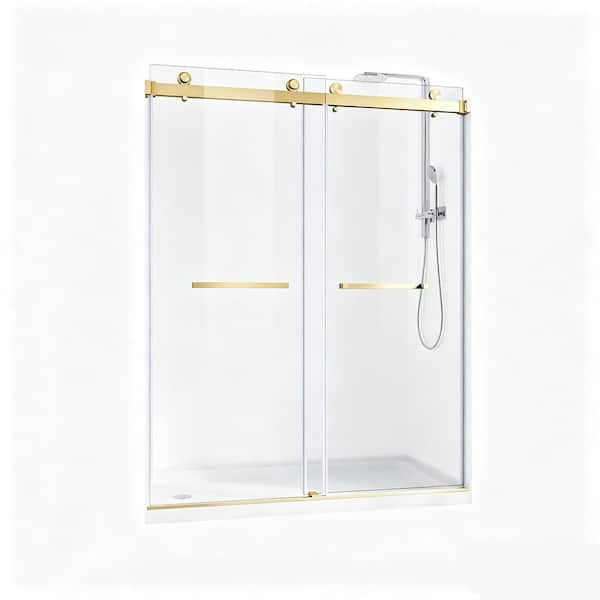 56-60 in. W x 76 in. H Frameless Sliding Shower Door, 10mm. Clear Tempered Glass Stainless Steel Hardware, Brushed Gold