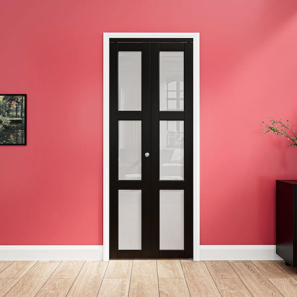 30 in. x 80 in. 3-Lite Frosted Glass Solid Core MDF White Finished Glass Closet Bifold Door with Hardware for Closet