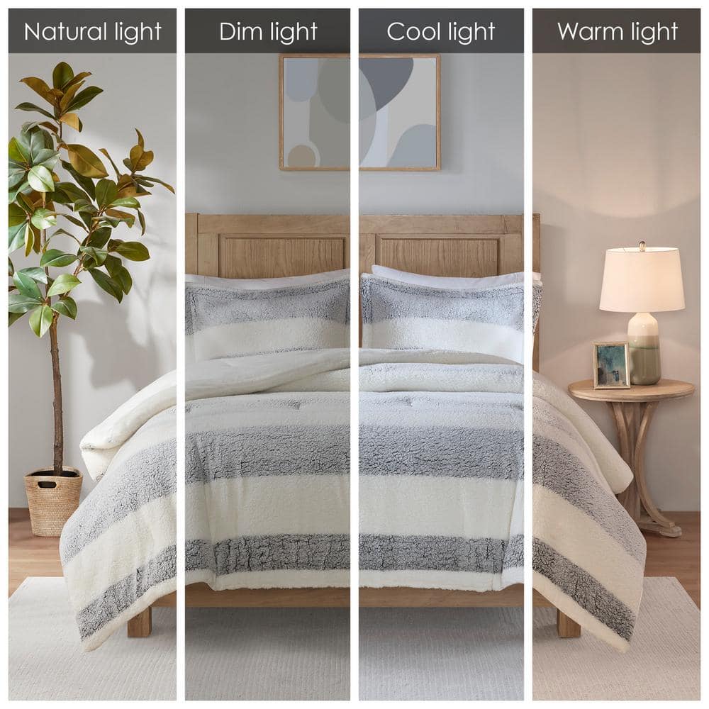 Ivory and Gray Twin Reversible Sherpa Comforter Set