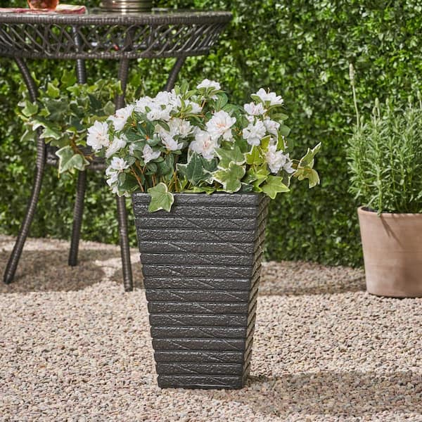 Noble House Jude 10.25 in. x 10.25 in. x 16 in. Black Modern Tapered Channel Square Concrete Garden Urn Planter