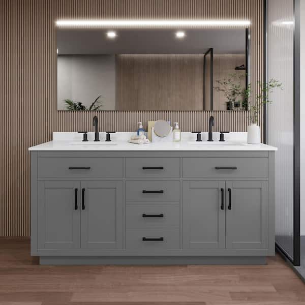 Wyndham Collection Beckett TK 72 in. W x 22 in. D x 35 in. H Double Sink Bath Vanity in Dark Gray with Matte Black Trim White Quartz Top