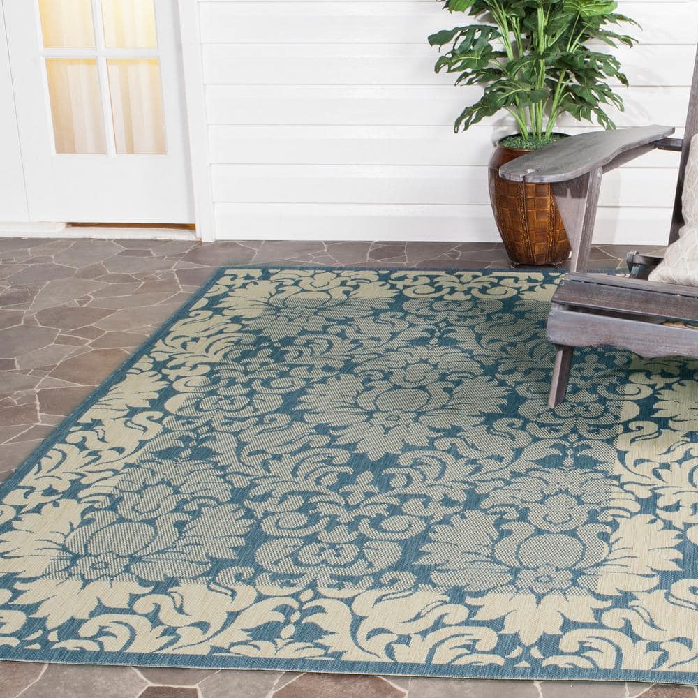 Blue Synthetic Flat Woven Reversible Runner with Damask Print
