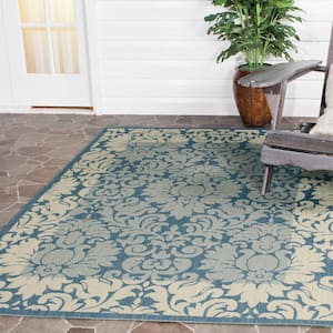 Courtyard Blue/Natural 7 ft. x 7 ft. Square Floral Indoor/Outdoor Patio  Area Rug