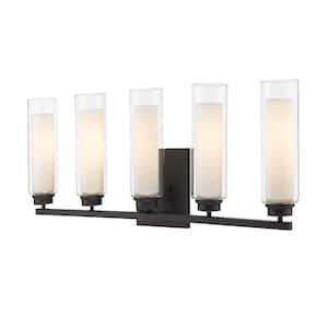 40.5 in. 5-Light Matte Black Vanity Light with Inner White and Outer Clear Glass