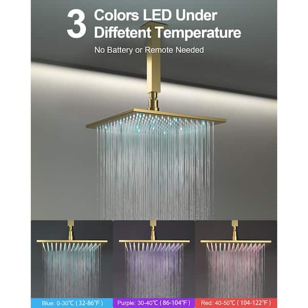 Smart LED And Temp with Valve 7-Spray Ceiling Mount 12 in. Fixed and Handheld Shower Head 2.5 GPM in Brushed Gold