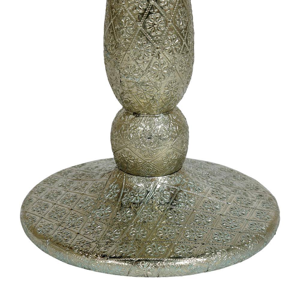 Silver Round Metal End Table with Floral Engravings