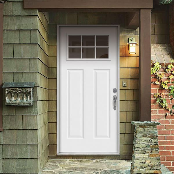 30 in. x 80 in. 6 Lite Craftsman Primed Steel Prehung Left-Hand Inswing Front Door