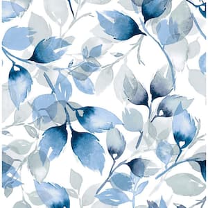 30.75 sq. ft. Luxe Haven Blue Lagoon Watercolor Tossed Leaves Vinyl Peel and Stick Wallpaper Roll