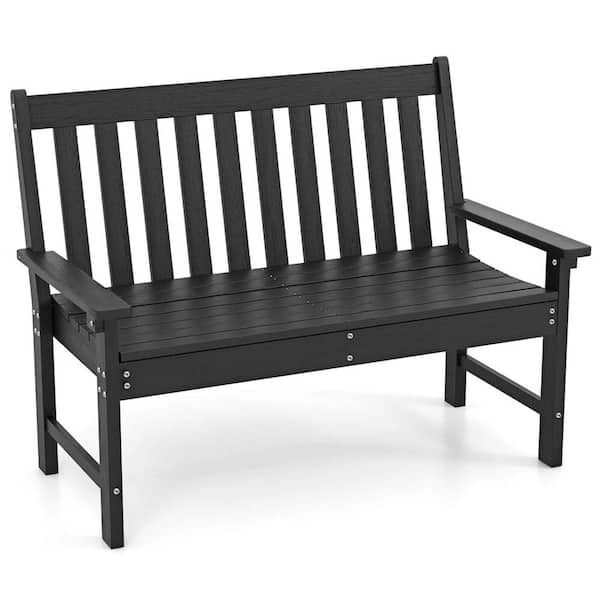 Costway Black Plastic Outdoor Bench All-Weather 2-Person Outdoor Bench for Front Porch Garden Backyard