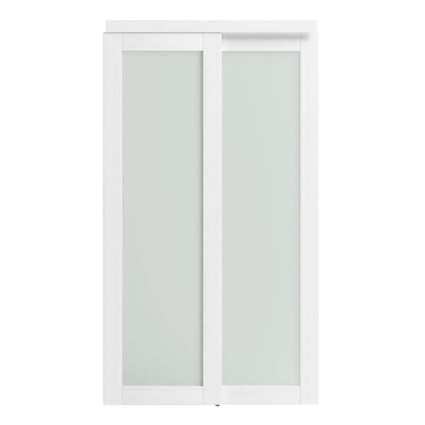 TENONER 48 in. x 80 in. MDF, White Double Frosted 1 Panel Glass Sliding Door with All Hardware