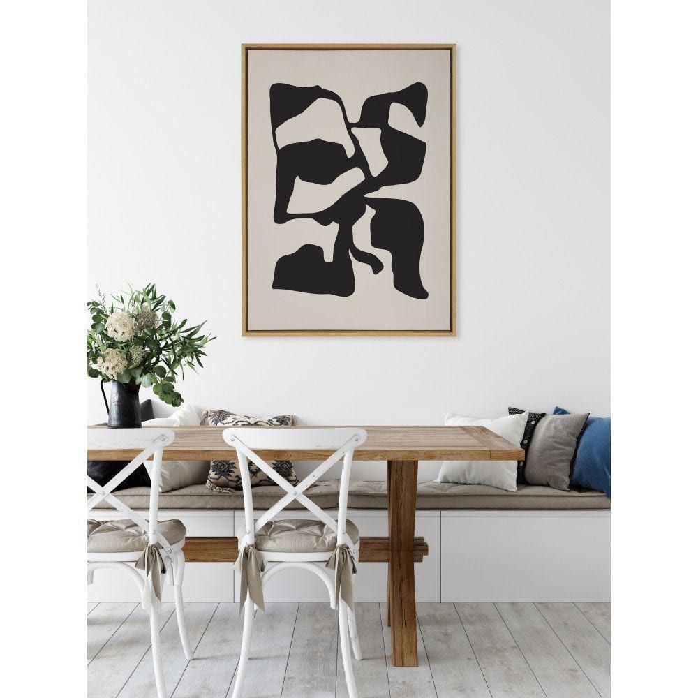 Large Black and Tan Abstract Canvas Wall Art with Natural Frame