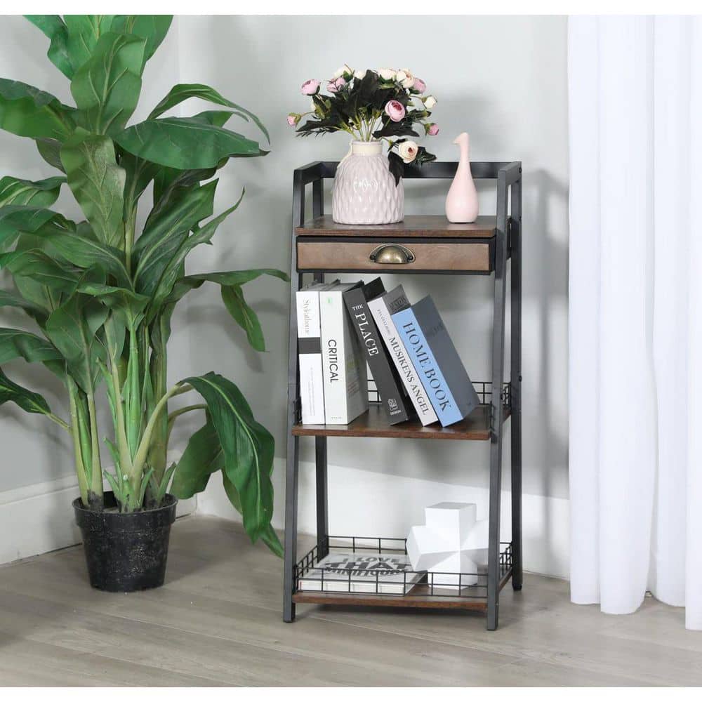 Rustic Brown 3-Tier Freestanding Ladder Shelf with Drawer