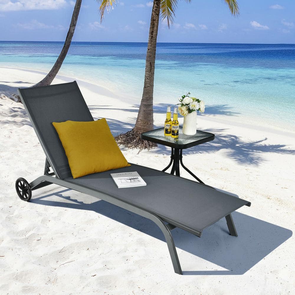 Gray Steel Adjustable Outdoor Chaise Lounge with Wheels