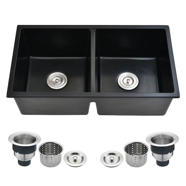 Undermount Quartz Composite 32 in. 50/50 Double Bowl Kitchen Sink in Black with Basket Strainer