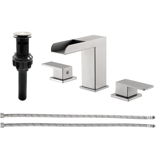 UKISHIRO 8 in. Widespread Double Handle Bathroom Faucet with Drain Kit Included and Supply Lines and Drip Free in Brushed Nickel