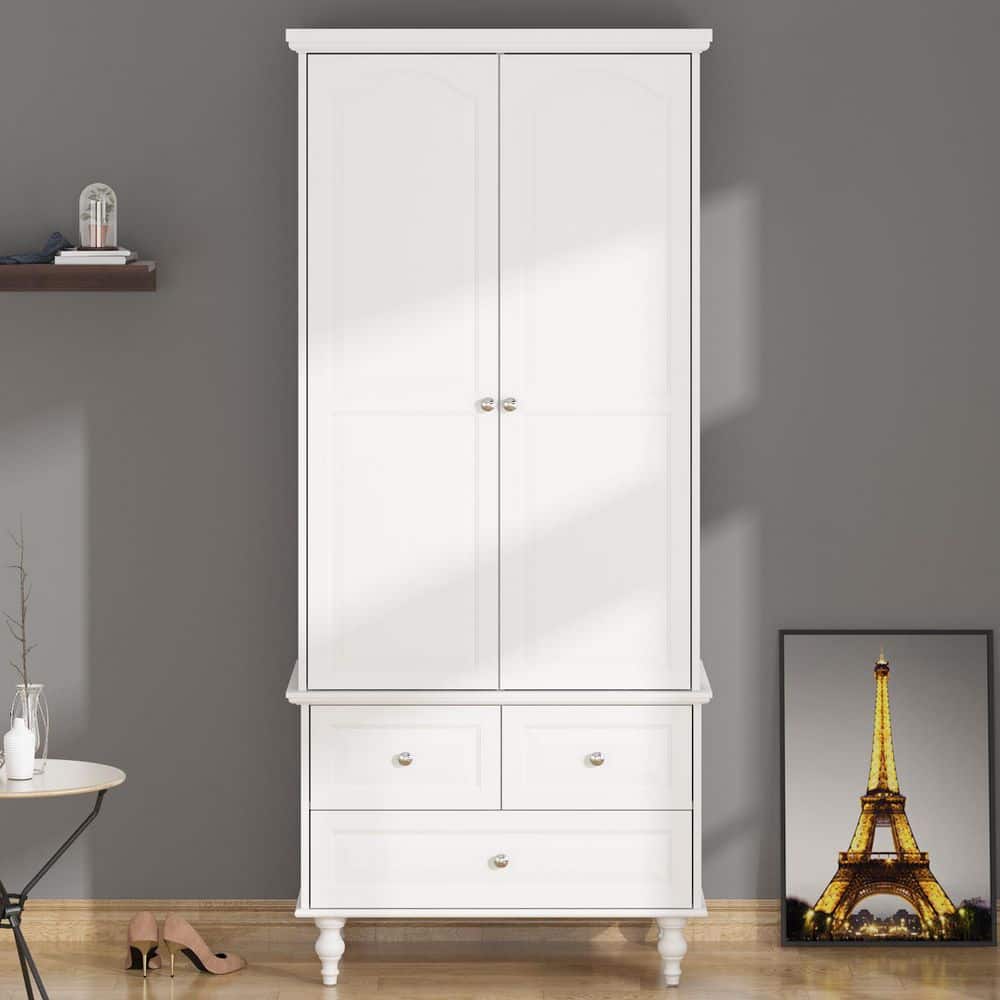 White Wood 31.5 in. Bedroom Armoire with 3-Drawer, 4-Shelves, Accent Design, Hanging Rod, Metal Knobs