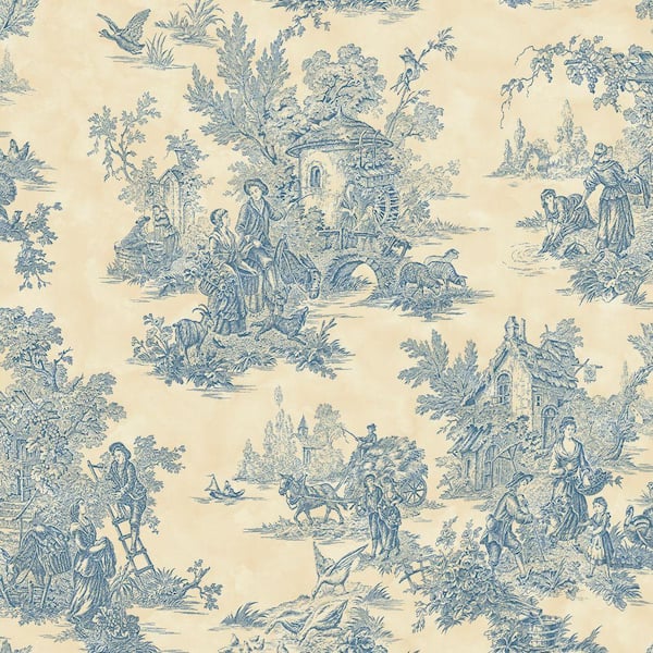 The Wallpaper Company 56 sq. ft. Blue and Cream Large Scale Classic Toile Wallpaper-DISCONTINUED