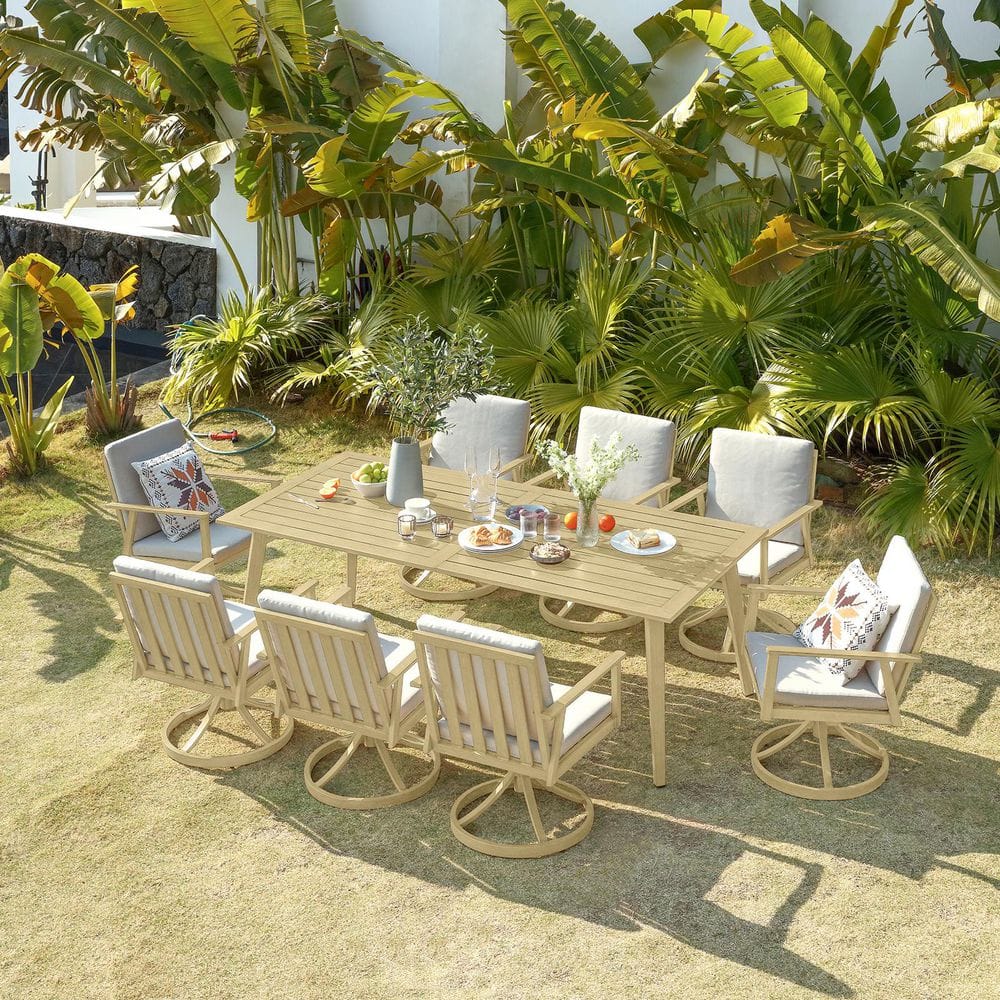 Light Brown Wood 9-Piece Aluminum Outdoor Dining Set with 8-Swivel Dining Chairs, Rectangular Table and Beige Cushions