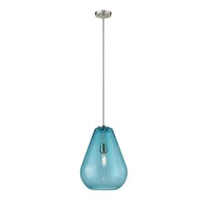 1-Light Brushed Nickel Pendant with Blue Glass