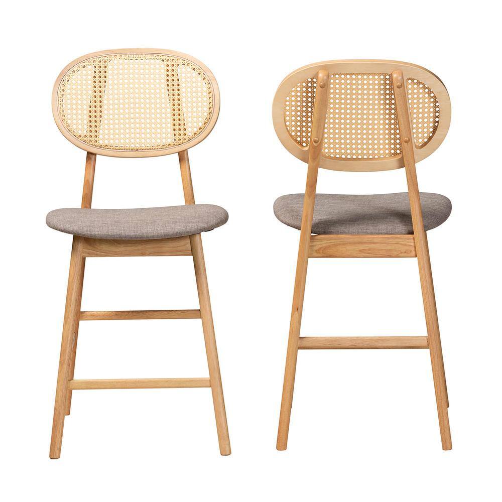 Mid-Century Grey Fabric and Natural Oak Counter Stools, Set of 2